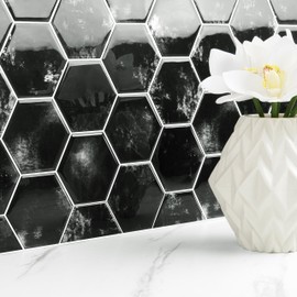 Livelynine 16-Tiles Peel and Stick Backsplash Tile 12x12 Kitchen Backsplash Tiles Honeycomb Black Stick on Back Splash Renter Friendly Hexagon Adhesive Sticky Tile for Bathroom Shower Wall Waterproof