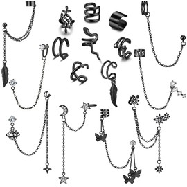 MILACOLATO Pack of 16 Ear Cuff Earrings with Chain Earrings Helix Cartilage Clip On Wrap Earrings Adjustable Cuffs Non-Penetrating Cartilage Adjustable Ear Cuffs Ear Cuff Set for Women, Brass