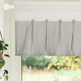 FUANGUI Linen Valances for Windows 52" W x 18" L Kitchen Curtains Window Valances, Farmhouse Curtains Pleated Color Block Design with Coconut Husk Button Detail