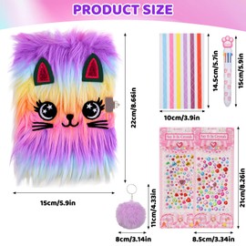 Secret Diary with Lock for Girls, Plush Cat Journal Notebook Set Cat Lockable Diary with Pompoms Keychain, Multicolored Pen, Diamond Stickers Gift for 6-12 Year Old Girls Birthday Presents