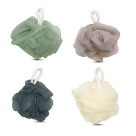 EVOKK Shower Puff Loofah Set of 4 Soft & Exfoliating Bath Sponges for Adults | Bath Scrunchie | Mesh Bath Sponge for Luxurious Cleanse and Skin Care (Grey, Sea Green, Cream, Light Brown)