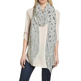 Lina & Lily Metallic Gold Silver Foil Feather Women's Scarf Shawl Wrap Lightweight (Light Grey-Silver)
