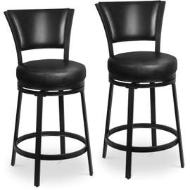 FLYZC Bar Stools, 25 Inch Metal Counter Height Barstools Set of 2, Faux Leather Round 360° Swivel Bar Chairs with Backrest, Modern Swivel Bar Stool for Kitchen Island, Black