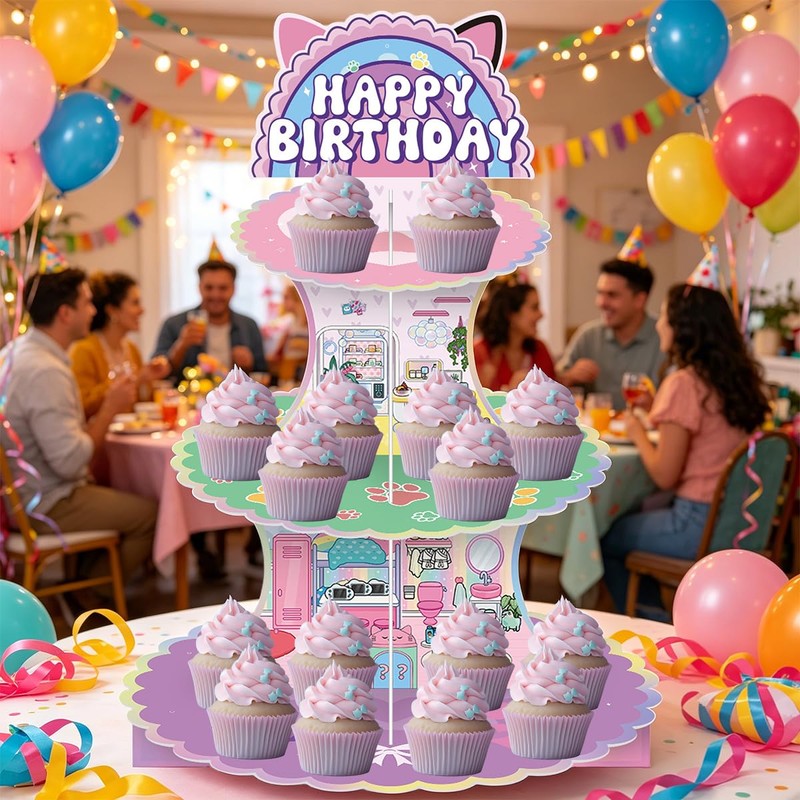 NF ORANGE 3-Tier CartoonHouse Cupcake Stand,Pink Cat Birthday Dessert Stand