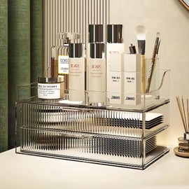 DASITON Clear Dustproof Two layers Storage Box,Makeup Brush Holder,Large Capacity Desktop Storage Box with Drawer,for Beauty Products,Perfume,Jewelry,Nail Polish