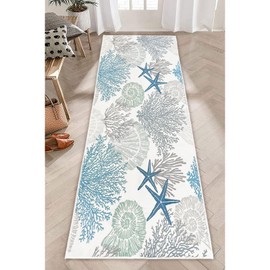 Beach Coastal Hallway Runner Rug 2x6 Starfish Ocean Theme Throw Accent Rugs Teal Blue Area Rug Nautical Hallway Rugs Non Slip Washable Runner Floor Carpet for Entryway Kitchen Laundry Bathroom Bedroom