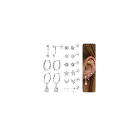 ZELORES 9 Pairs Flat Back Stud Earrings for Women Stainless Steel Helix Cartilage Stacks Hoop Stud Earring Sets for Multiple Piercing 18K Gold Plated Flat Back Earrings(Silver-Dangle)