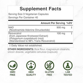 Suplemento de resveratrol NAD+ de 1,000 mg por porción, 120 cápsulas vegetarianas | Alternativa de suplemento NMN extra fuerte 2 en 1 | Suplementos NA