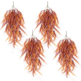 RECUTMS Fake Plants Ferns 4 Pcs Artificial Hanging Boston Ferns for Outdoors Fake Ferns with Fake Plants Hanging Faux Greenery for Wall Garden Wedding Indoor Outdoor Decor (Brown, Pack of 4)