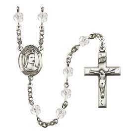 St. Elizabeth of Hungary Silver-Plated Rosary 6mm April Crystal Fire Polished Beads Crucifix Size 1 3/8 x 3/4 medal charm