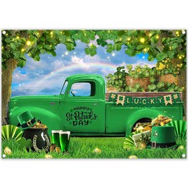 Luminora 7x5ft Fabric Happy St. Patrick's Day Backdrop Spring Green Truck Gold Coin Shamrock Irish Lucky Rainbow Photography Background Holiday Festival Party Decor Photo Props