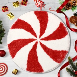 FEBSNOW Christmas Bathroom Rugs Decor, Christmas Candy Winter Round Rug Bath Mat, Non Slip Absorbent Carpets Doormat with Backing Washable for Tub Living Dining Holiday Bedroom Nursery