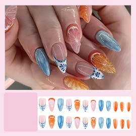 Summer Almond Press On Nails Medium French Tip Fake Nails Press Ons Glossy Stick On Nails With 3D Tangerine Design Orange False Nails Artificial Glue On Nails For Women Manicure Supplies