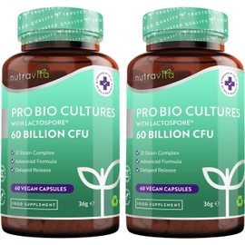 60 Billion CFU Probiotic Cultures (2 Packs of 60) - Scientifically Backed Lactospore® for Good Gut Flora - Enteric Coating to Ensure Probiotics are Delivered Directly to The Gut - UK Made by Nutravita