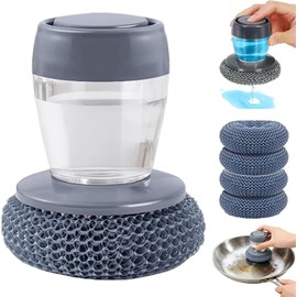 2026 Upgrade Comfort Grip Soap Dispensing Kitchen Scrub Brush, Non-Slip Handle Press-Type Built-in Soap Dispenser with Replaceable Nylon Brush Heads, Non-Scratch for Dishes Pots Pans Sinks (1PC)