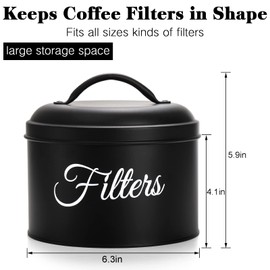 Suwimut Coffee Filter Holder, Black Basket Coffee Filter Holder Storage Container with Lid, Round Metal Coffee Filters Dispenser for Counter, Rustic Coffee Bar Accessories Decor