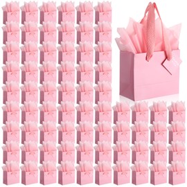 Qilery 50 Pcs Valentine Mini Paper Gift Bags Bulk with Tissue Paper 4.7 x 2.4 x 3.9'' Small Paper Gift Bags with Handle Gift Tags for Birthday Wedding Party Business Gift(Pink)