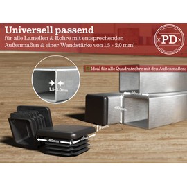 PD® Lamellar Plugs 40 x 40 mm for Square Tubes - Square End Caps Made of PE Plastic - Pipe Plugs for Pipe Cover of Steel Pipe, Stainless Steel Tube, Aluminium Tube and Aluminium Profile - Square Plugs
