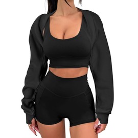 ANRABESS Womens Cropped Sweatshirt Long Sleeve Bolero Cardigan Open Front Shrug Workout Thumb Hole Y2K Tops Preppy Clothes Black Small