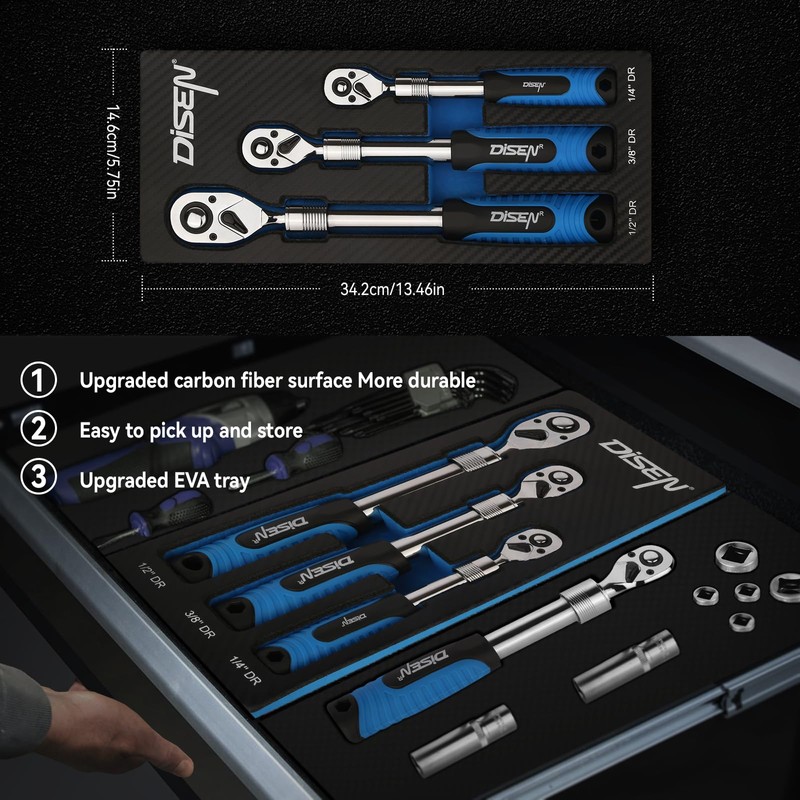 DISEN 3PCS Extendable Ratchet Wrench Set,1/4" 3/8" 1/2" Drive 72-Tooth,