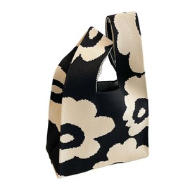 huimei Knit Tote Bag, Small, Floral Pattern, Cute, Women's, Mini Bag, Handbag, Eco Bag, Soft, Foldable, Handbag, Carry, Woven Bag, Compact, Casual, Black
