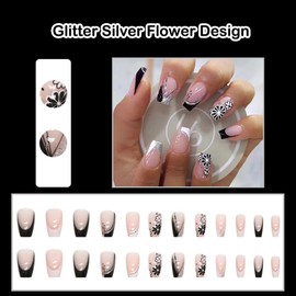 ANDGING French Tip Press on Nails Coffin Short Medium Black White Fake Nails with Glitter Silver Flower Design Square fake nails for Women Acrylic False Nails with Glue stick on nail for Wedding