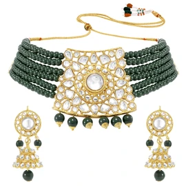 Aheli Trendy Gold Plated Green Kundan Pearl Gargantilla Collar con Jhumki Earring Jewelry Set