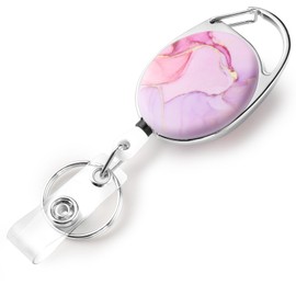 Jeffdad Badge Reels Retractable, Double Sided Color Print Pattern Retractable Keychain, Marble Holders Badge Clip and Key Ring Durable Nylon Retractable Rope (Pink Marble)