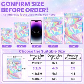 50 Pack Holographic Mylar Bags, 4'' x 6‘’ Packaging Bags for Small Business, Resealable Smell Proof Bag, Holographic Rainbow Color Resealable Bag Zip Baggie for Food Storage & Jewelry Packaging