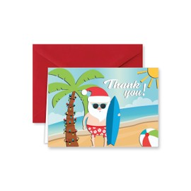 Paper Frenzy Surfing Santa Tropical Beach Christmas Holiday Thank You Note Cards with Red Envelopes - 25 Pack
