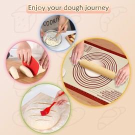 Sourdough Bread Baking Set – 26"x16" Large Silicone Pastry Mat, Non-Stick Baking Mat, 17.3" Wooden Rolling Pin & More, Food-Safe, Non-Slip, Reusable Kitchen Tools (Red(5PCS))