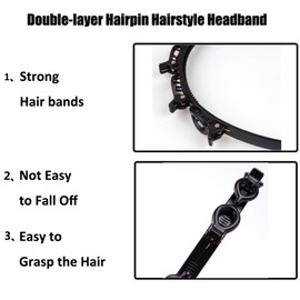 Double-layer Bang Hairstyle Headband - 1 Pack Elegant Bang Headband w/2 Pack Big Alligator Hair Clips, Hair Twister Tool Accessories for Women, Girls, Curly, Straight, Thick Hair (Black Headband)