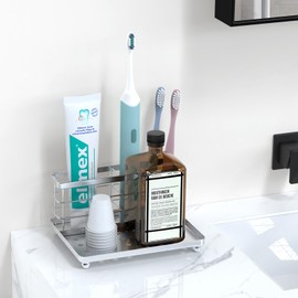 Luxspire Toothbrush Holders for Bathroom, Toothbrush Holder with Tray, Stainless Steel Holder for Toothbrush Toothpaste, Tooth Brushing Holder for Bathroom Countertop, 3-Slot, Silver