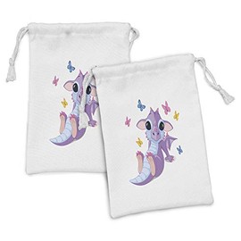 Lunarable Cartoon Fabric Pouch Set of 2, Dragon Lying with Colorful Flying Butterflies Cheering Spring, Small Drawstring Bag for Toiletries Masks and Favors, 9" x 6", Pale Blue Lavender Pink