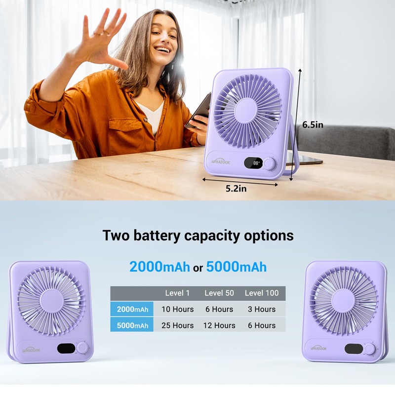 WHATOOK Small Desk Portable Fan Rechargeable: 2 Pack 2000mah 10