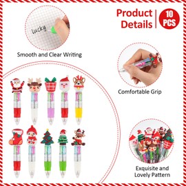 Deepton Christmas Multi Coloured Pens 4 in 1, Retractable Ballpoint Pens for Kids, 10 Pack Mini Pen Set Snowman Reindeer Santa Claus, Multicoloured Pen for Xmas Stocking Box Fillers - 4 Colours