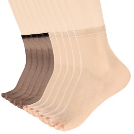 Telooco 10 Pairs Ankle Sheer Socks Nylon Pop Socks Silky Breathable Hosier Transparent Short Dress Stockings for Women (Black, Nude)