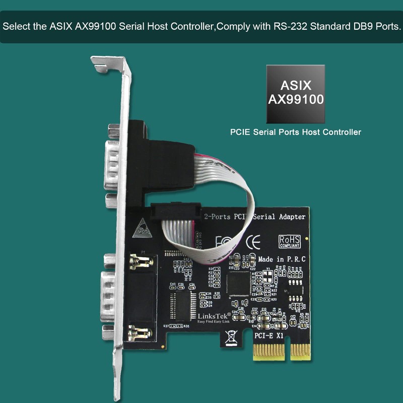 LinksTek 2-Port PCI Express RS-232 DB9 Serial Port Card for