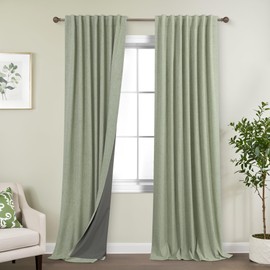 Sage Green Linen Blackout Curtains for Bedroom 84 Inch Long Black Out Pleated Thermal Darkening Light Blocking Boho Farmhouse Cottage Core Soundproof Sound Proof Curtains for Office Window Living Room
