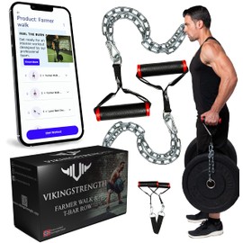 VIKINGSTRENGTH Farmers Walk Handles, Strongman Equipment in Pair + t-bar Row Handles Viking Press Attachment + V-Strength Workout App