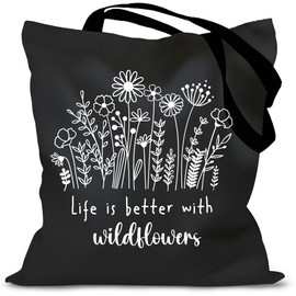 IIILUYOT Floral Aesthetic Wildflower Canvas Book Tote Bag Gifts for Flower Lover Women Friend, Flower Cute Cloth Bags Mother Gifts for Women Mother, Reusable Graphic Cotton Bags for Shopping Beach