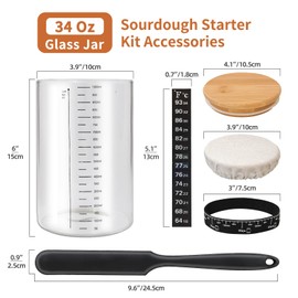 GNYRWOJH Sourdough Starter Jar Kit with Date Marked Feeding Band,Thermometer,Cloth Cover & Wood Lid Wide Mouth Sourdough Starter Jar,34 Oz/1000ml Sourdough Bread Baking Supplies