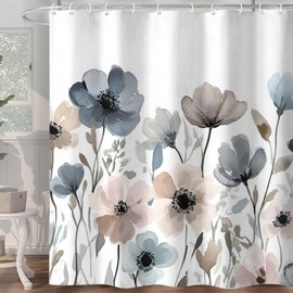 Hjokiupt Boho Floral Shower Curtain, Watercolor Beige Blue Grey White Flower Fabric Shower Curtains Set, Cute Farmhouse Flower Decoration with Hooks 72 X 72 inch