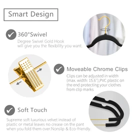 MIZGI Premium Velvet Pants Hangers with Adjustable Clips (Pack of 20) Slim Skirt Hangers- Non Slip Felt Outfit Dress Hangers Black - Gold Hooks,Space Saving Shirt Clothes Hangers