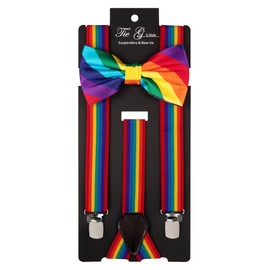 TIE G Solid Color Men's Suspender + Woven Bow Tie Set for Wedding : Vivid Color, Adjustable Brace, Strong Enhanced Clip, Elastic Band (Rainbow)