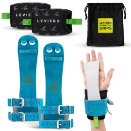 LEVIERO Gymnastics Grips Set Narrow Squeeze, Grips for Gymnastics Girls, Dowel Grips with Soft Leather, Double Buckle Wrist Closure, and Adjustable Finger Holes, for All Ages - (Aqua, 00)