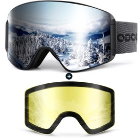 Odoland Ski Goggles Set with Detachable Magnetic Lens, Frameless Interchangeable Lens for Cloudy or Sunny, Anti-Fog UV Protection Men Women Snow Goggles for Skating Skiing and Snowboard