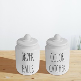 Laundry Room Organization Jars with Labels, Glass Containers for Laundry Detergent Laundry Powder, Farmhouse Laundry Pods Storage Organizers, Laundry Soap Dispenser, Scent Booster Holder (White)