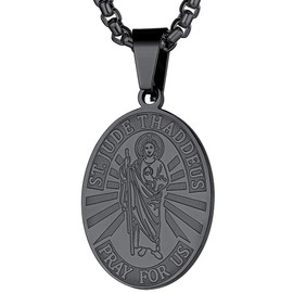 FaithHeart Stainless Steel Men’s Necklace with Saint Christopher/Saint Paul/Saint Anthony/Saint Thomas/Saint Patrick/Saint Joseph/Saint Augustine, Silver/18K/Black, Oval/Round, 08 Saint Jude Thaddeus, 03 Black/Oval