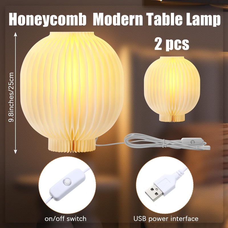 Gulfmew 2 Sets Desk Lam, Modern 3D Honeycomb Paper Lantern